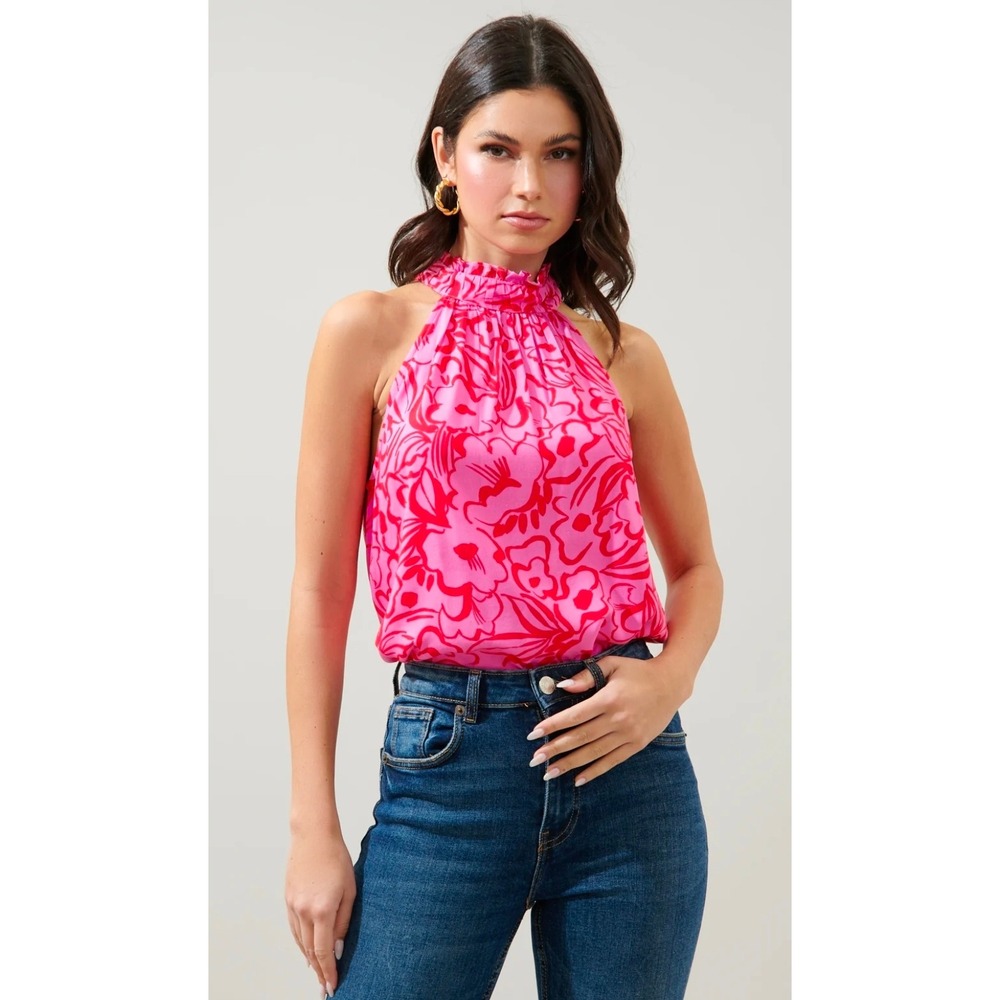 Malia Floral Malpais Shirred Trapeze Top by Sugar Lips Size XS